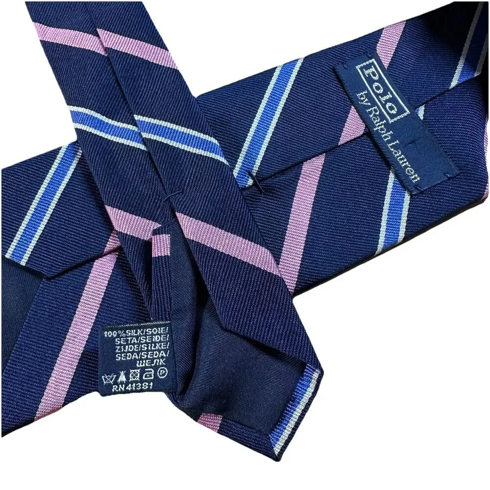 Polo Ralph Lauren Men 100% Silk Neck Tie Pink Blue Stripe Handmade in Italy Luxe